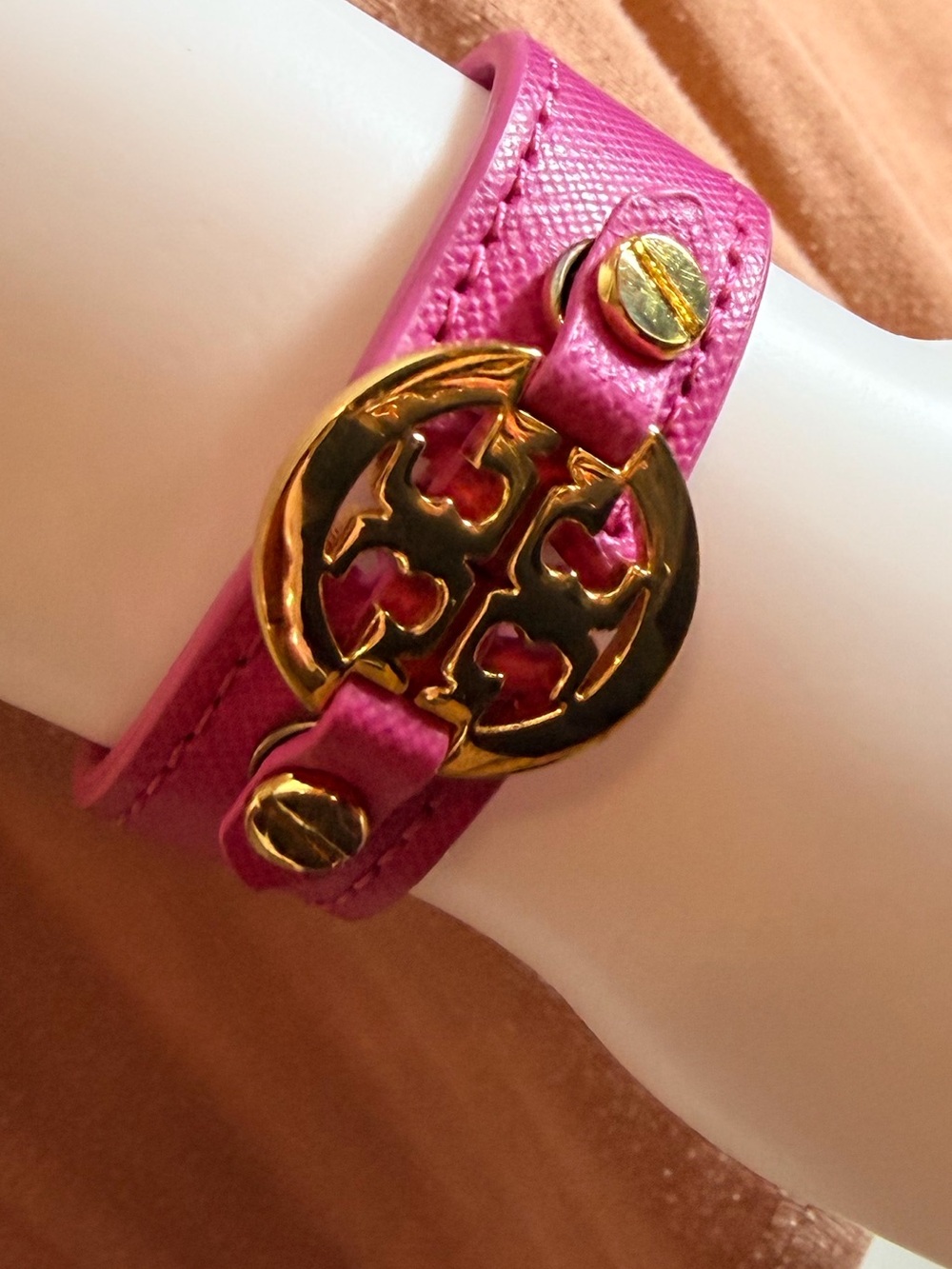 Tory Burch Pink Gold Tone Logo Bracelet with Jewelry Pouch